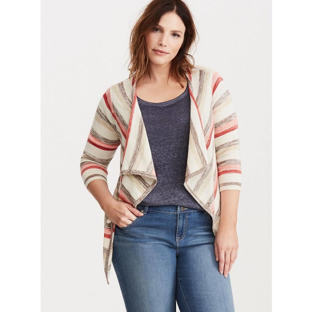 TORRID Striped Draped Cardigan Size 3 Grey, Pink, Cream, & Red